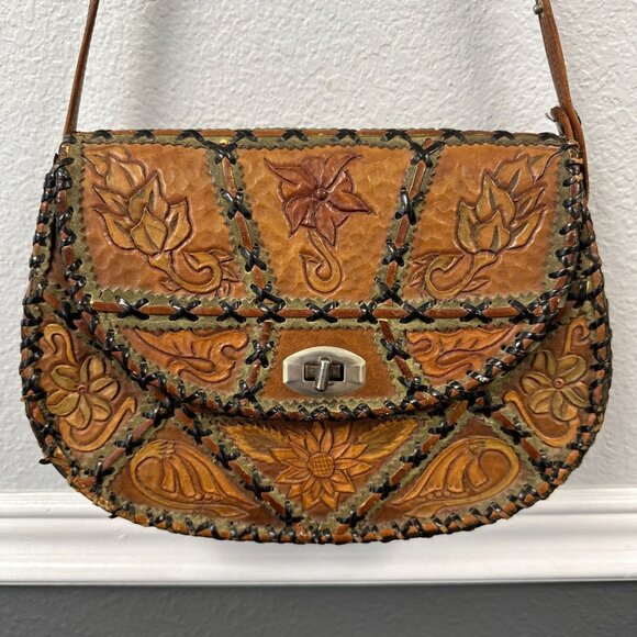 Vtg 70s Mexico Tooled Leather Stitched Patchwork Floral Hippie Boho Bag Purse - Picture 8 of 8